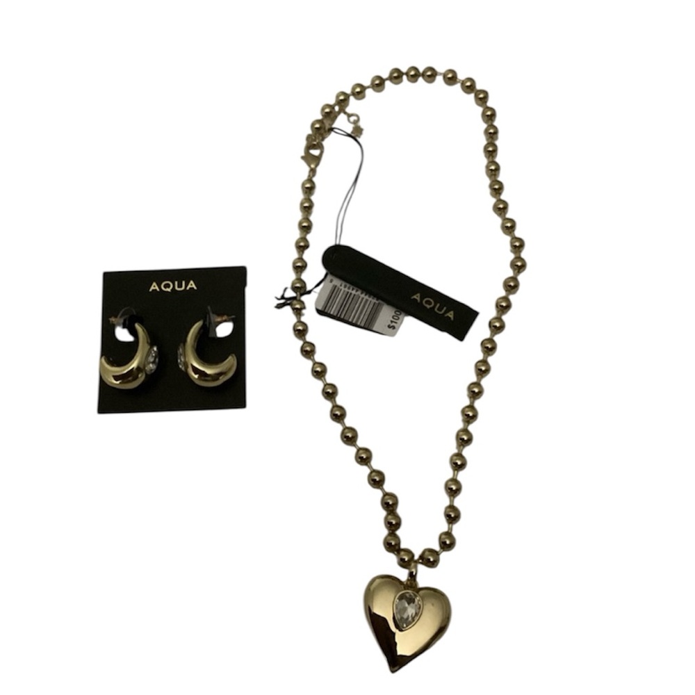 Aqua Gold Heart Necklace with Earrings Set